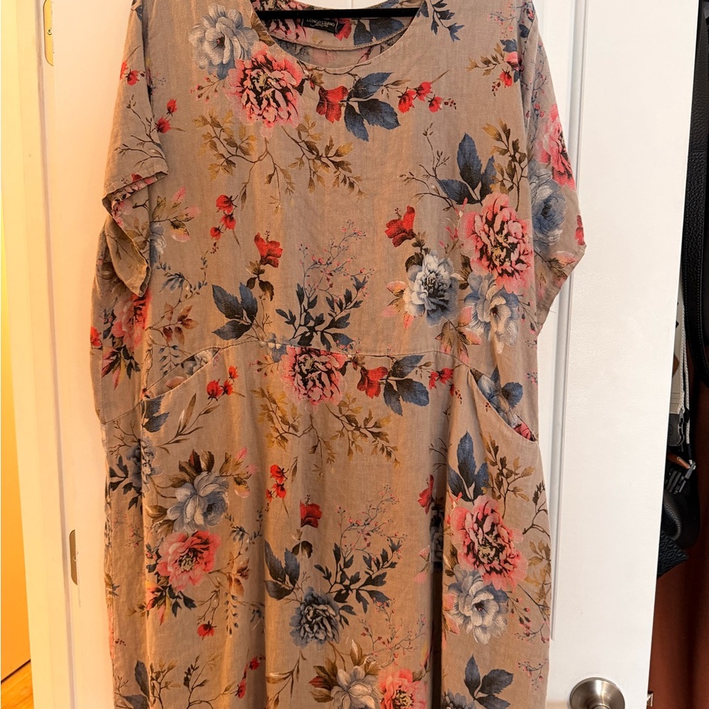 Linen Floral Print Dress with Pockets